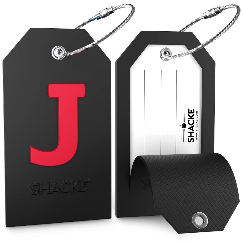 Shacke Initial Luggage Tag with Full Privacy Cover and Stainless Steel Loop - Black (Letter J) - Image 2